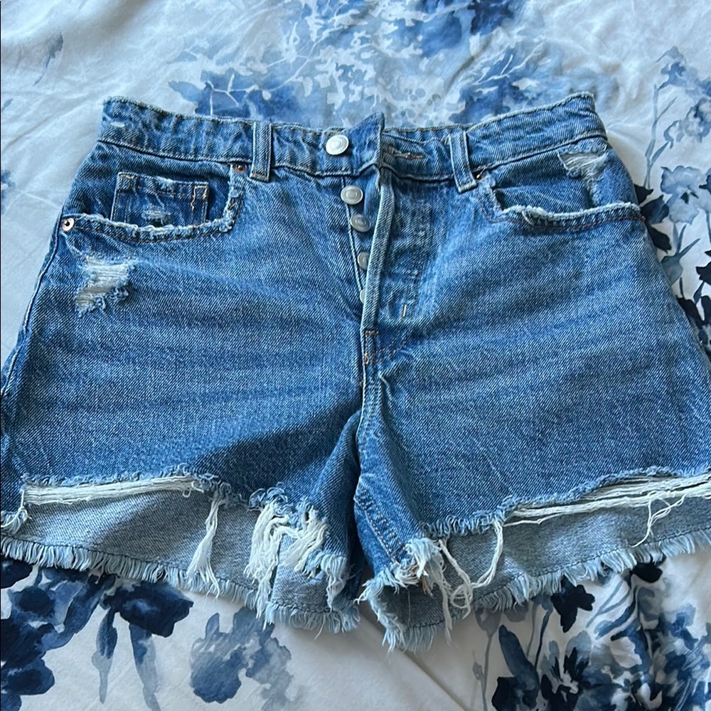 H&M Blue Jean Shorts Distressed Frayed Hem